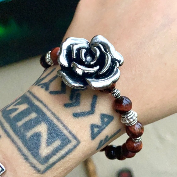Silverskylight Jewelry - Red tiger eye gemstones beads  & silver rose flower charm boho bracelet